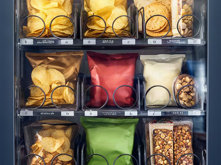 Assortimento di patatine, crackers, barrette e frutta secca in un distributore ordinato