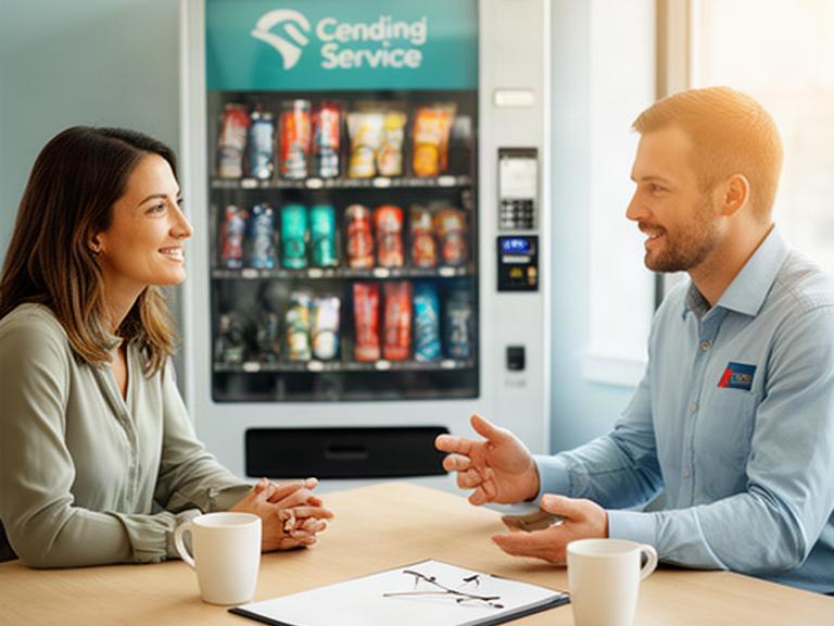 Cliente e tecnico che parlano in un ufficio davanti a un distributore di bevande