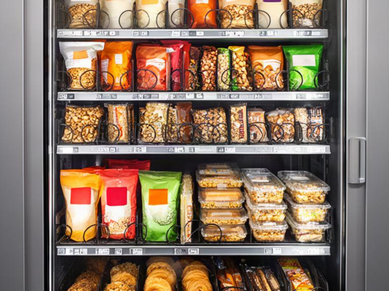 Selezione colorata di snack dolci salati frutta secca e barrette ordinata in un distributore
