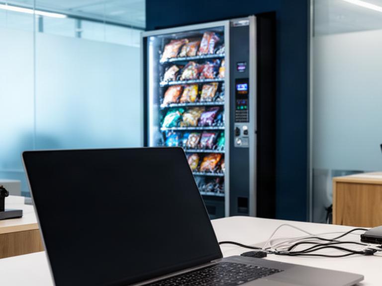 Ufficio ordinato con computer protetto e distributore automatico sullo sfondo