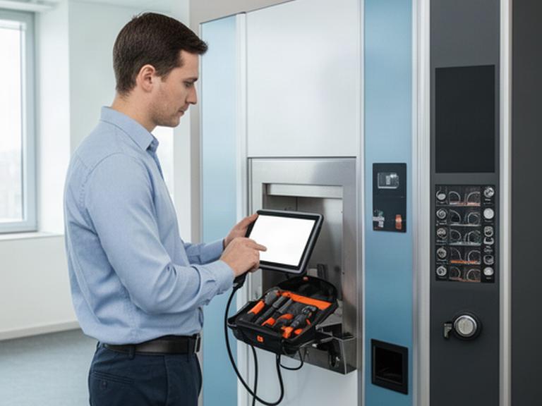 Operatore che configura un distributore automatico durante la messa in servizio