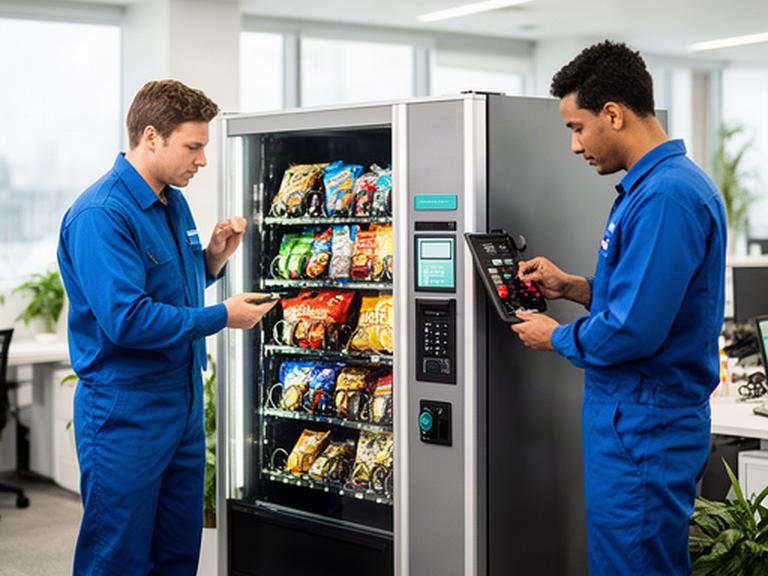 Tecnici di Fontana Snack & Drink che controllano un distributore automatico in un ambiente di lavoro