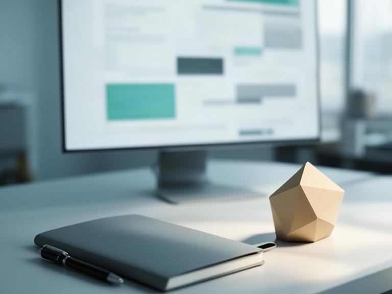 Schermo con pagina informativa e taccuino su una scrivania di un ufficio